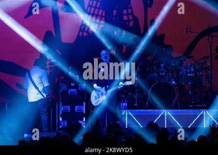 Toronto, Canada. 24/10/2022, Billy Corgan of Smashing Pumpkins performs on stage wearing dark eye makeup and a Freemason crest on his cloak Stock Photo