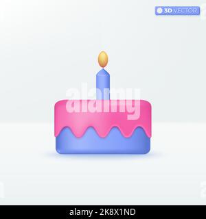 Childish birthday pink glaze icing cake and candle icon symbols. celebration concept. 3D vector isolated illustration design. Cartoon pastel Minimal s Stock Vector