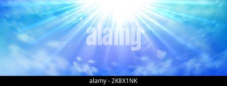 Heaven with sun light rays or beams bursting from clouds in blue sky. Spiritual religious background. Realistic tranquil cloudscape view, beautiful skyey paradise backdrop, 3d vector illustration Stock Vector