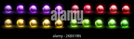 Force shield bubbles, energy glowing balls, spheres, defense fields. Science fiction glowing deflector elements purple, god, red and green firewall absolute protection isolated Realistic 3d vector set Stock Vector