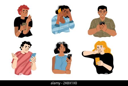 People receive bad news from mobile phone. Diverse sad, confused, anxiety and scared characters looking at smartphone in shock isolated on white background, vector hand drawn illustration Stock Vector