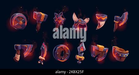 Old broken weapon and armor with fire glow. Game items set, icons of axe, shields, mace, sword, helmet, dagger, bugle horn and hammer isolated on black background, vector cartoon illustration Stock Vector