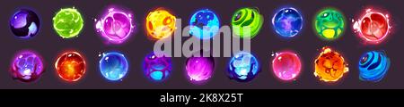 Alien space planets cartoon set. Fantastic design elements for game, comets, asteroids, galaxy ui cosmic world objects. Moon with craters, glow spheres with plasma and lava, Vector illustration, icons Stock Vector