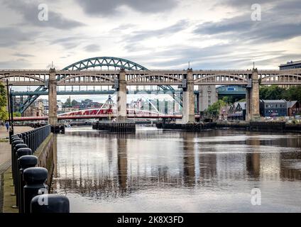 Tyne Bridges from Newcastle Quayside including the Swing Bridge and Tyne Bridge Stock Photo