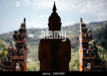 Silhouette of a buddha statue on the background of the balinese gate. Stock Photo