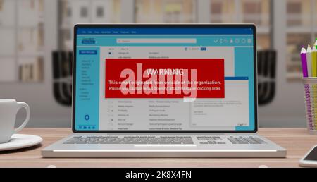 Cyber security concept. Email warning message on a laptop screen. Caution with opening attachments and clicking links.  3d render Stock Photo