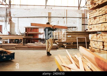 Ive built a solid base for my future in this workshop. Full length shot of a young carpenter carrying a wooden plank over his shoulder while working Stock Photo