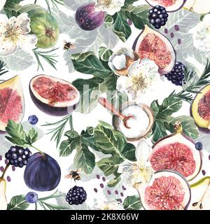 Seamless background. Floral branches, figs, berries on a white, purple, watercolor texture. Rosemary, spices. Illustration. Fluid, water, liquid, clou Stock Photo