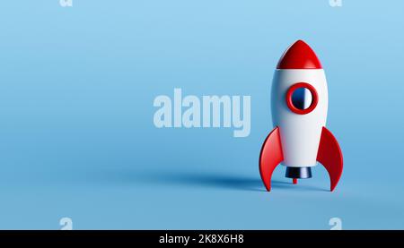 Small red and white toy rocket standing on blue background.3d rendering of spaceship ready to take off Stock Photo
