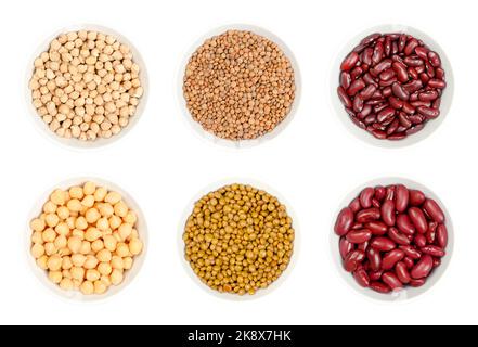 Dried and canned chickpeas, brown lentils and red kidney beans, in white bowls, isolated from above on white background. Raw and cooked seeds. Stock Photo