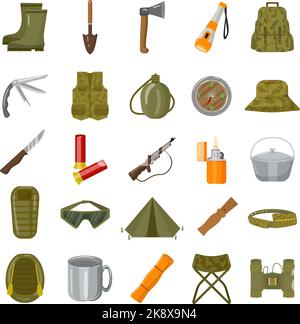 Hunting equipment icons set cartoon vector. Fishing camping Stock Vector