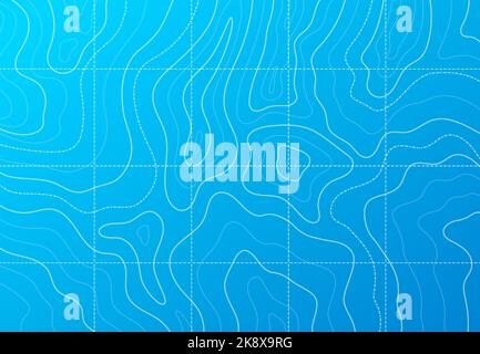 Sea or ocean line contour topographic map with vector pattern of abstract marine geographic landscape on blue background. Sea bottom and ocean floor relief, water depth and underwater stream map Stock Vector