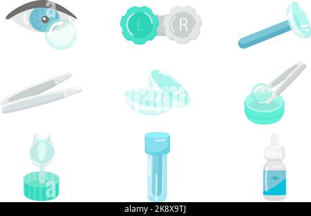 Contact lens icons set cartoon vector. Eye case Stock Vector