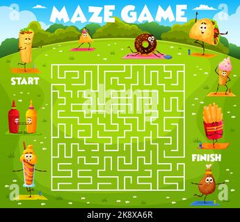Labyrinth maze. Cartoon fast food yoga characters. Kids maze puzzle, children labyrinth quiz vector worksheet with burrito, nacho and donut, ice cream, french fry, chicken leg personages on fitness Stock Vector