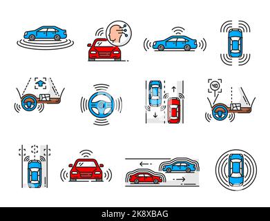 Driverless car and vehicle icons. Automobile autopilot and autonomous auto and car driving safety technology line symbols. Driverless vehicle steering wheel, radar interface outline vector icons Stock Vector