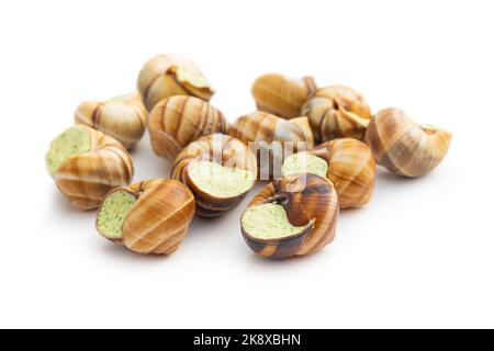 Snails with parsley butter, Bourgogne Escargot Snails  isolated on the white background. Delikatese food. Stock Photo