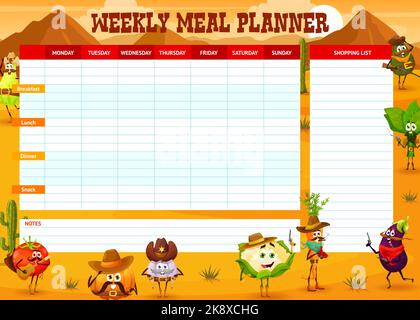 Weekly meal planner. Cartoon cowboy, bandit, sheriff and ranger vegetable vector characters. Diet nutrition plan organizer with tomato and garlic, carrot and eggplant, avocado, pumpkin and spinach Stock Vector