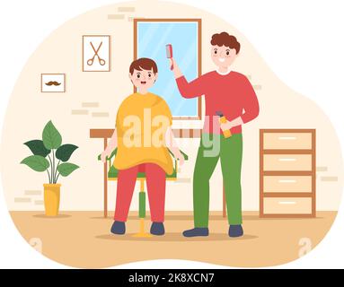 Barber Shop for Male or Female Clients Haircut with Mirrors, Desk and Hair Cutting Equipment in Flat Cartoon Hand Drawn Templates Illustration Stock Vector
