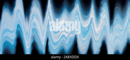 Abstract light blue and white fluid liquid marble wavy texture on a black background or wallpaper. Stock Photo