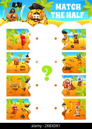 Match the half of cartoon pirates fastfood characters on treasure island, kids game worksheet. Vector quiz with matching of piratess and sailors as pizza, burger, french fries, hot dog and soda drink Stock Vector