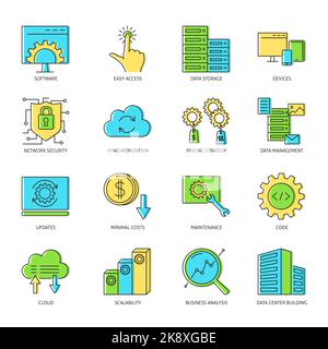 Computer software icon set in colored line style. Vector illustration. Stock Vector