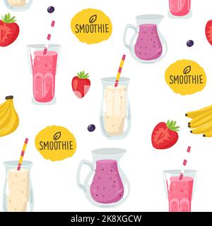 Refreshing summer seamless pattern with smoothie and lemonade. Strawberry and watermelon Vector background Stock Vector