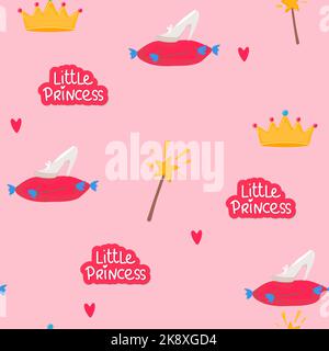 Little princess seamless pattern. Bright pink, cream colors. Illustration of crowns and little hearts. beautiful elegance Crystal glass slipper with d Stock Vector