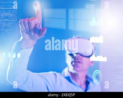 Businessman, metaverse or virtual reality in data analysis, digital transformation ai or neon future company chart. Finance worker, hand and Stock Photo