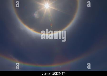 Double solar halo over Lake Titicaca in Puno,Peru on September 21, 2022 Stock Photo