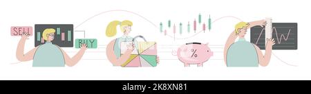 Vector successful business development, businessmen women, man traders stakeholders on stock market. Money investment, technical analysis. Team Stock Vector