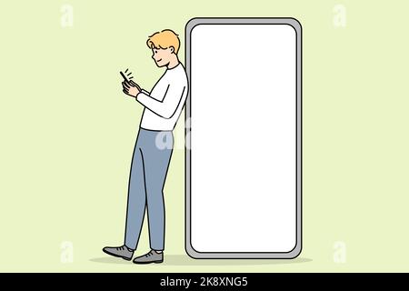 Young man standing near huge smartphone with mockup screen. Guy pose near cellphone with empty blank copy space display. Vector illustration.  Stock Vector