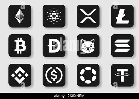 Cryptocurrency logo set. Set of cryptocurrency icons. Bitcoin, Ethereum, Cardano, Binance, Tether,Uniswap, Polkadot, Dogecoin, XRP, Litecoin Stock Vector