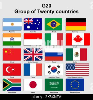 Set flags G20 with names. Vector illustration Stock Vector