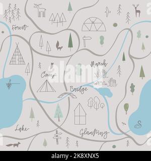 Glamping map seamless pattern. Forest landscape, signposts, animals, tents, houses for web, branding simple vector line illustrations. Outdoor weekend Stock Vector