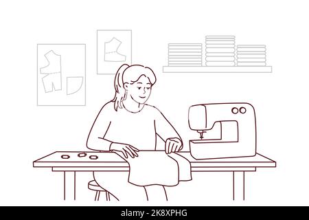 Female dressmaker or seamstress working on sewing machine in workshop. Smiling woman sewing sitting on table. Hobby and design. Vector illustration. Stock Vector