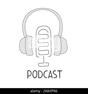 Vector line illustration text Podcast, mic and earphones. Can use for podcast cover, recording Stock Vector