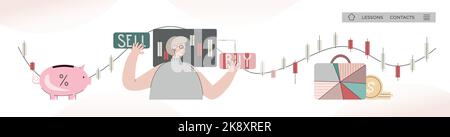 Web page design template for stock market, exchange, criptocurrency with trader investing money online, making up investment portfolio wisely for Stock Vector
