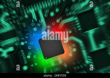 Circuit board with components in green tones. Abstract high tech background. Zoom effect. Stock Photo