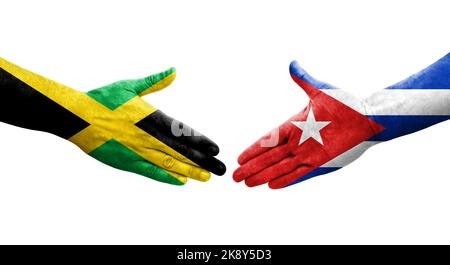 Handshake between Cuba and Jamaica flags painted on hands, isolated transparent image. Stock Photo
