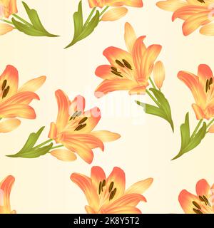 Seamless texture yellow lily  flower with leaves and buds vintage  vector illustration editable Hand drawn Stock Vector