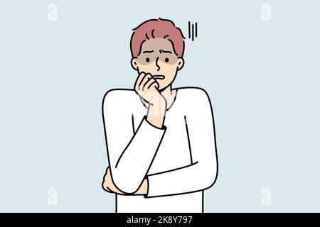 Anxious young man feeling terrified and worried. Unhappy guy feel afraid and astonished. Emotion control and mental problems. Vector illustration.  Stock Vector