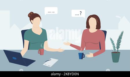 Two women speak and discuss on Appointment at Office, Working Together, Planning, Learning work skill by watching video tutorial on laptop screen. Tea Stock Vector