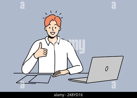 Smiling young businessman sit at office desk work on computer show thumb up. Smiling male employee recommend good workplace or company. Vector illustration.  Stock Vector