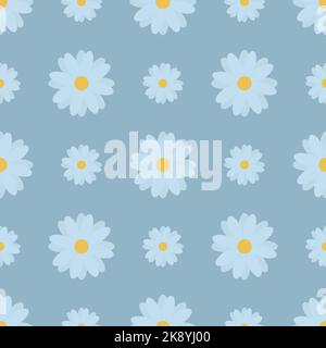 Camomiles. Delicate blue flowers. Repeating vector pattern. Isolated blue background. Seamless summer ornament. Delicate floral background. Flat style Stock Vector