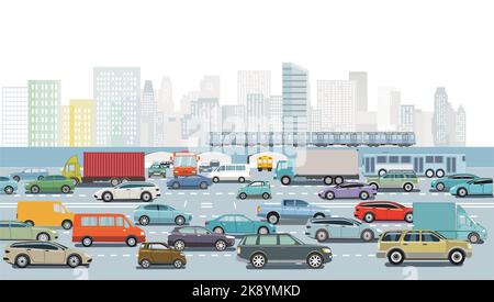 Cars on the crossroads in traffic jam in big city illustration Stock Vector