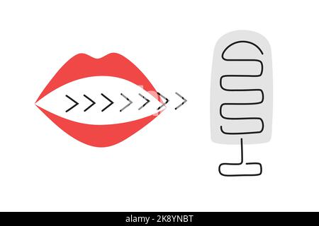 Vector illustration with microphone, talking mouth, lips for banner, podcast cover. Stock Vector