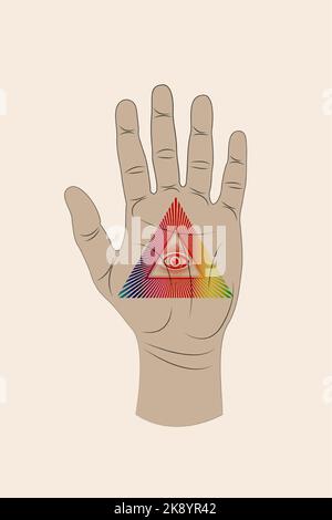 Open palm with all seeing eye sacred Masonic symbol, third eye, psychedelic Eye of Providence, triangle pyramid. New World Order. Colorful icon Stock Vector