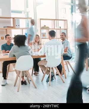 Startup, business meeting and office busy with creative happy team of men and women working on marketing project together. Vision, collaboration and Stock Photo