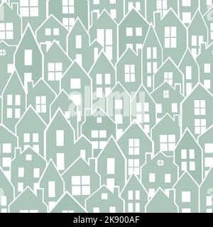 Vector seamless pattern with simple houses Silhouette on light blue background, cute city Stock Vector