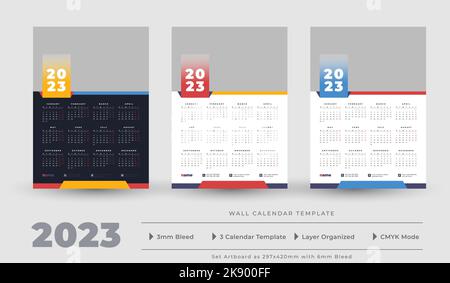 Three 2023 wall calendar of 12 page template with a copy space for a picture Stock Vector